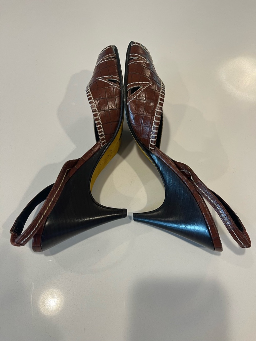 Like New COUTURE Vintage Donald J. Pliner Brown Leather Peep-Toe Slingback Heels - Picture 6 of 15